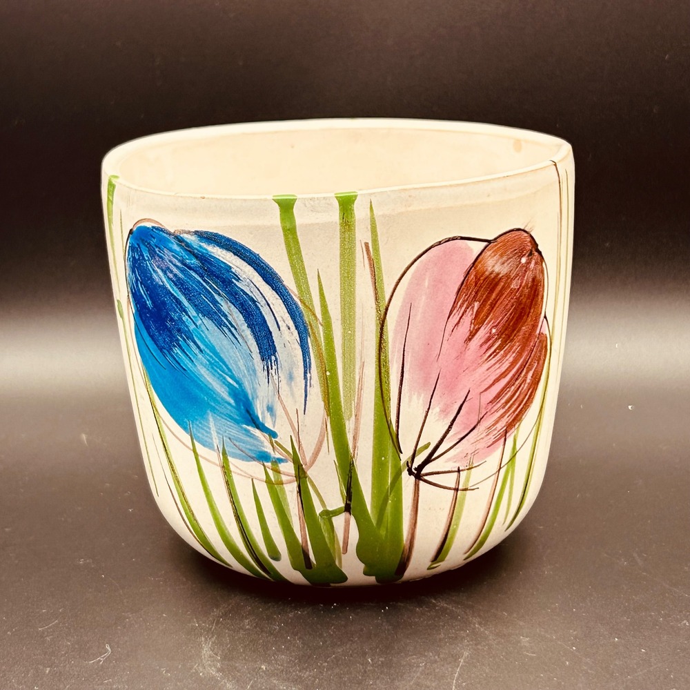 VTG Made Italy Hand Painted Ceramic Planter MC Floral Crocus Tulip Cachepot Pot